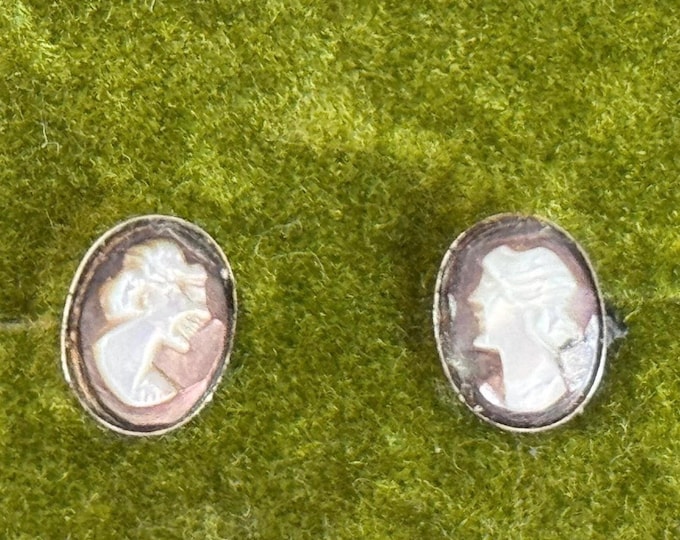 Vintage Danecraft Cameo Earrings: 12K White Gold Filled, Man & Woman Profile