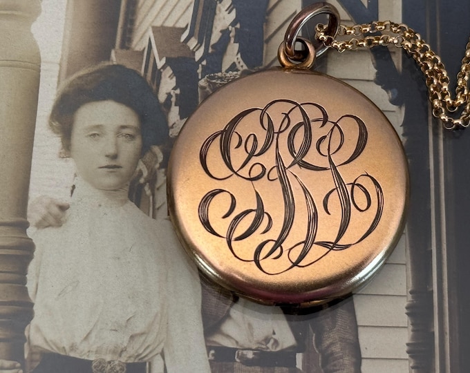 Antique Round Gold Filled Locket w/ “GRL” Monogram - W&SB Hallmark - 2 Photo Necklace on 14K GF Chain - Early 1900s Vintage Estate Jewelry