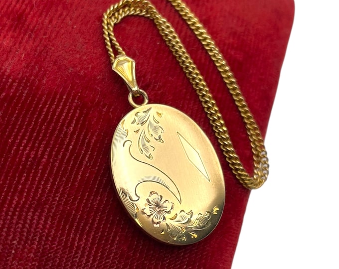 Vintage 12K Gold Filled Oval Locket Necklace - on 12K GF Chain Lestage LMFG Tricolor Etched Photo Estate Jewelry Gift for Her