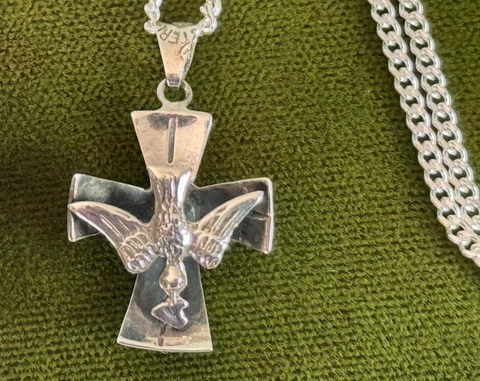 Vintage Sterling Silver Cross Necklace on 925 Curb Chain - Unique Christian Religious Confirmation Charm - Holy Spirit Dove w/ Heart in Beak
