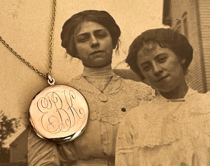 Antique Round Gold Filled Locket Necklace - Monogram EBK Large 2 Photo Pendant on 14K GF Chain - Early 1900s Edwardian Initialed Jewelry
