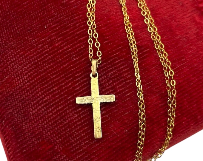 Vintage Petite Tiny 14K Gold Filled Cross - Woman Girl Necklace Etched on GF Chain Yellow Gold Retro Religious Pendant Jewelry Gift for Her