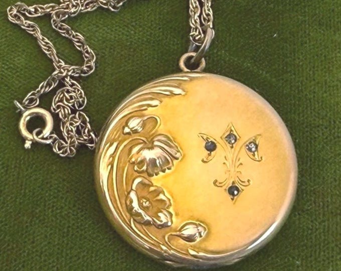 Art Nouveau Gold Filled Locket Necklace: Floral Fleur de Lis, Red Paste Stones