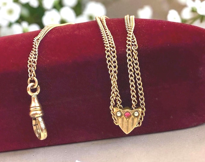 Victorian Gold Filled Slide on Long Chain: Simulated Red Gem, Seed Pearls, 48” Long Necklace