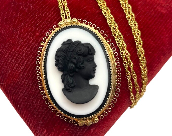 Vintage 14K Gold Filled Oval Cameo Converter Pin Pendant Necklace - Large GF Brooch Filigree Edges White Black Estate Jewelry AMCO Hallmark