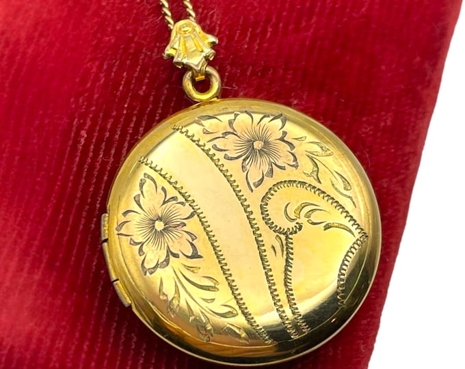 Vintage Gold Filled Locket Necklace: Round Monogrammed ML Letters Pendant, 14K GF Chain