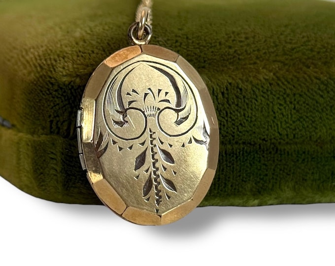 Antique 10K Gold Filled Oval Locket Etched, 14K GF Chain, 2 Photo Necklace, P&H Hallmark