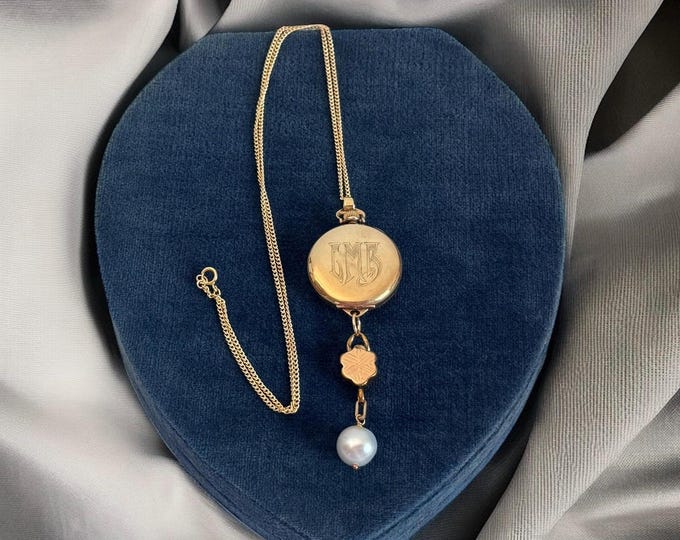 Antique Watch & Real Pearl Drop Pendant Necklace on 14K GF Chain w/ LMB Monogram Etched Spacer Bead on Vintage Non-working Woman’s Timepiece