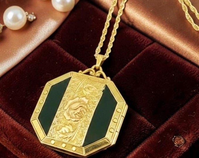 Vintage Gold Filled & Black Enamel Octagon Locket - Engraved 1959, 14K GF Chain