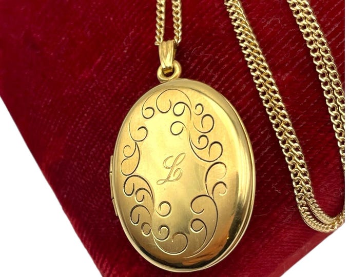 Vintage 12K Gold Filled Oval Locket Necklace - HFB Barrows Etched Photo Charm Pendant on 14K GF Chain Monogrammed Letter "L" Estate Jewelry