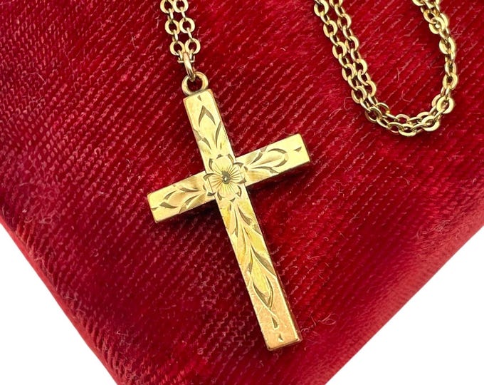 Vintage Gold Filled Etched Cross - ALL Hallmark 12K Yellow GF Chain 1950s Retro Religious Christian Pendant Necklace Jewelry Gift for Her