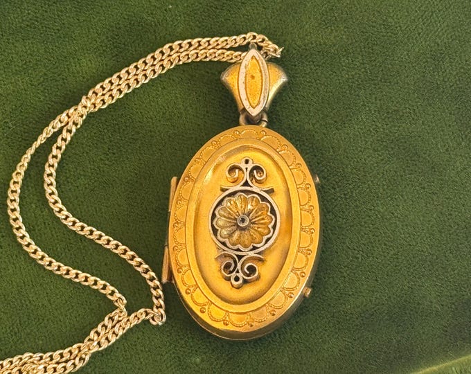 Antique Etruscan Revival Locket Oval on 14K Gold Filled Curb Chain - Ornate Mixed Metal Pendant w/ Raised Design - Late 1800s Estate Jewelry