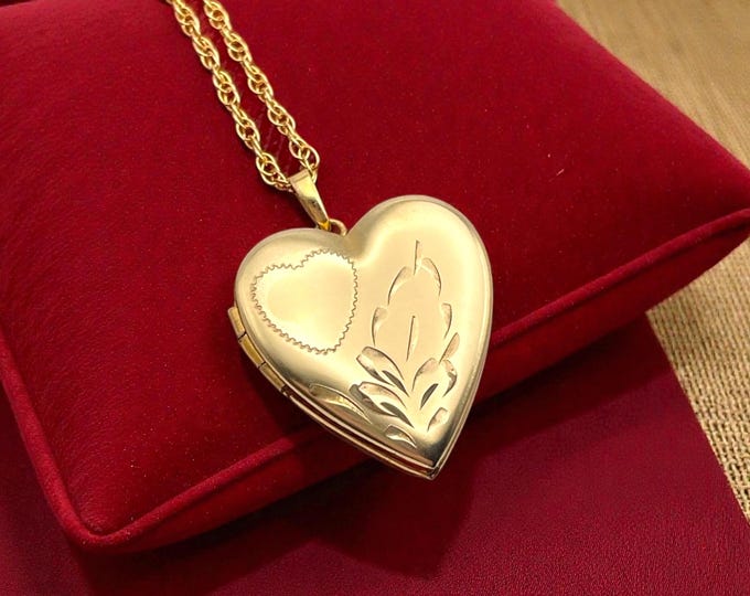Vintage 14K Gold Filled Heart Locket Necklace: Etched Tru-Kay Pendant
