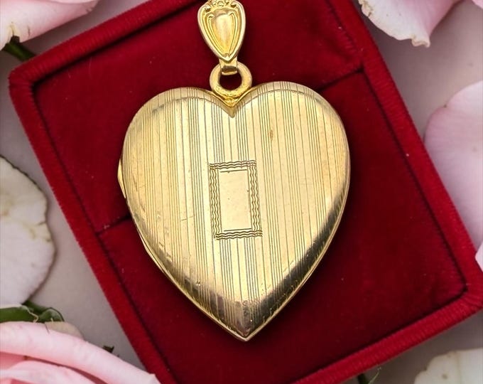 Vintage 10K Gold Filled Heart Locket Necklace – Etched Pinstripes Photo Pendant, Bliss Bros