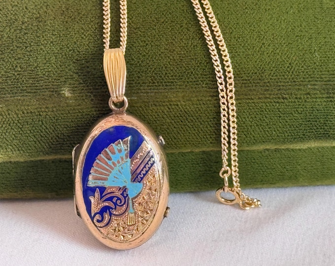 Victorian Oval Locket w/ Ornate Dark and Light Blue Enamel Fan w/ Etched & Chased Back on 14K GF Curb Chain - Antique Vintage Estate Jewelry