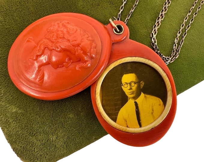 Antique Celluloid Cameo Locket Necklace: 1920s Photo Pendant
