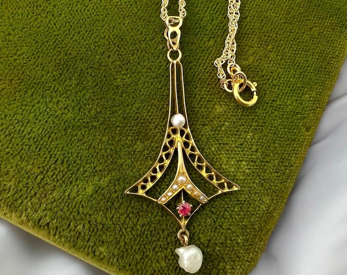 Edwardian 10K Gold Pink Gemstone Lavaliere Pendant - Pearl Drop, 14K Gold Filled Chain
