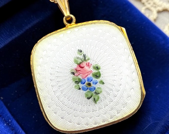 Vintage Guilloche Enamel Locket: White Enamel with Pink and Blue Flowers Green Leaves on 14K GF Gold filled Chain Made by Evans