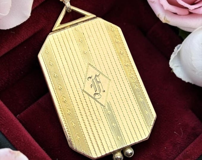 Antique Gold Filled Rectangle Locket: Art Deco Monogram Photo Jewelry