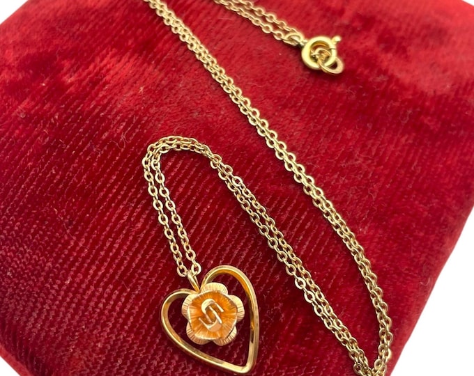 Vintage Krementz 14K Gold Overlay Heart with Rose Necklace - Gold Overlay Single Pink Flower Open Heart Love Choker Jewelry GF Chain 1960s