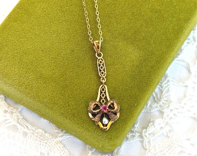 Art Nouveau 10K Gold Garnet Seed Pearl Lavalier Necklace - Antique Estate Jewelry