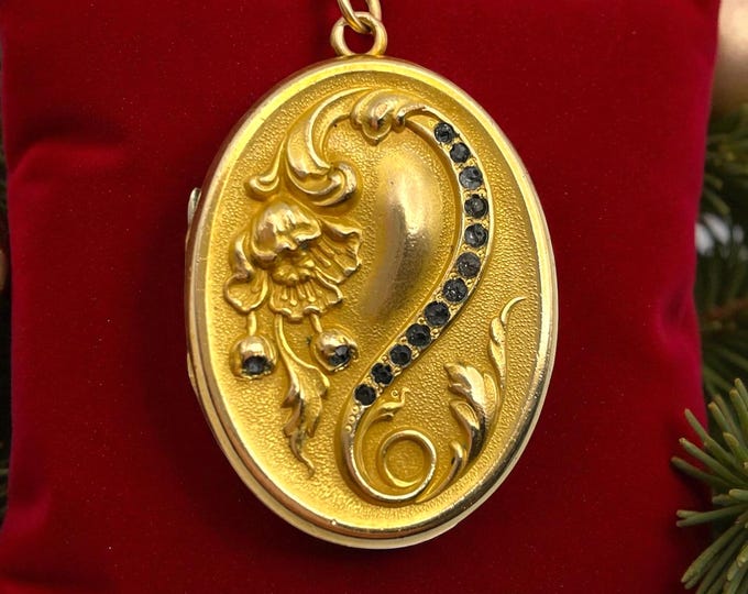 Antique Gold Filled Locket Necklace: Rhinestone Flower, FRW Monogram