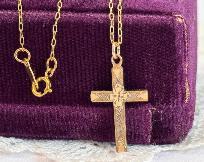 Vintage 12K Gold Filled Cross - Etched Front on GF Chain - Retro Religious Christian Pendant Necklace Jewelry - Communion / Confirmation