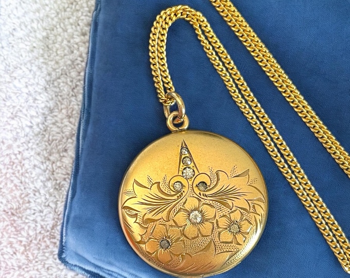 Antique Art Nouveau Round Gold Filled Locket on 12K GF Chain - AG Monogram 2 Photo Pendant Necklace Floral Design Paste Stones S.B. CO
