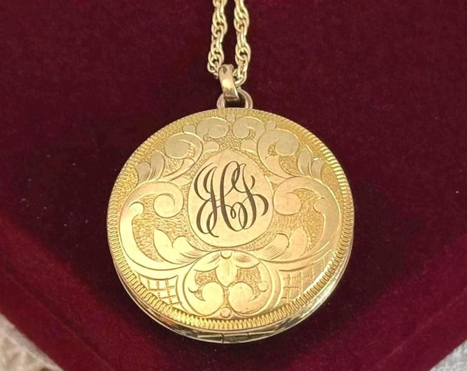 Antique Gold Filled Monogrammed & Etched Locket Necklace: 14K GF Chain, Early 1900s