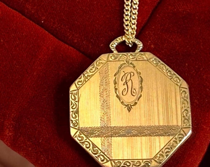 Antique Gold Filled Locket Necklace: Engraved Initial R, 14K GF Chain