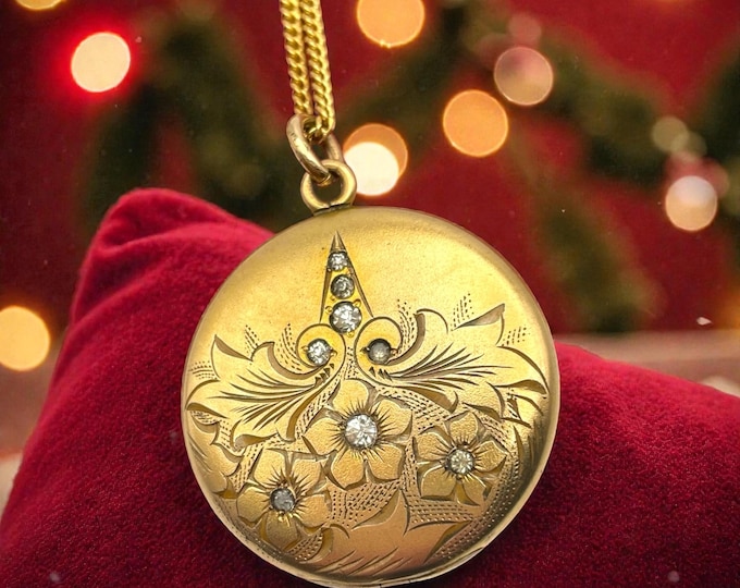 Art Nouveau Gold Filled Locket Necklace: Floral Paste Stones, AG Monogram