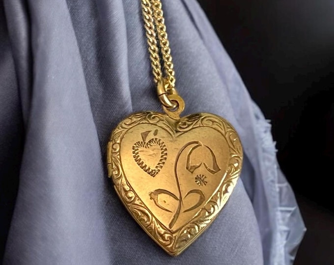 Vintage 12K Gold Filled Heart Locket Necklace - Etched Flower & Heart Retro Sweetheart Charm w/ 2 Photo Wells on 14K GF Chain Gift for Her
