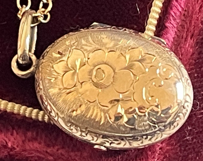 Victorian Oval Mourning Locket w/ Ornate Etched Flower Designs & Diamond - 2 Beveled Glass Wells - Antique Pendant on 14K Gold Filled Chain