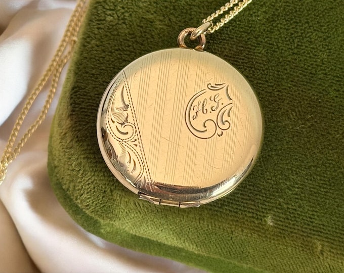 Antique Gold Filled Locket w/ HG Monogram & Engraved Message on Back on 14K GF Chain - Round Pendant Necklace Ca Early 1900s Estate Jewelry