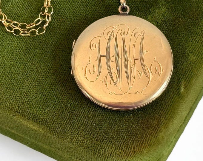 Vintage 10K Gold Round Locket Monogrammed HWA Necklace on 14K Gold Filled Chain - Engraved 2 Photo Pendant - Estate Jewelry Gift Woman Girl