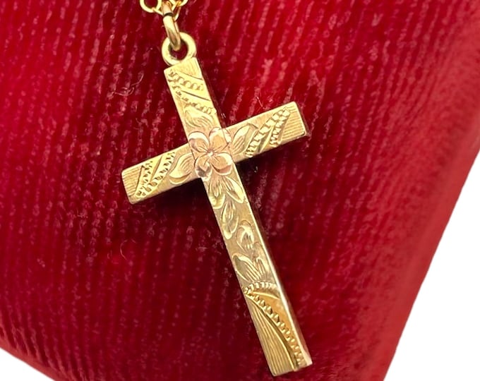 Vintage Gold Filled Etched Cross - Pink Flowers Florals on 14K GF Chain 1950s Retro Religious Christian Pendant Necklace Jewelry Gift