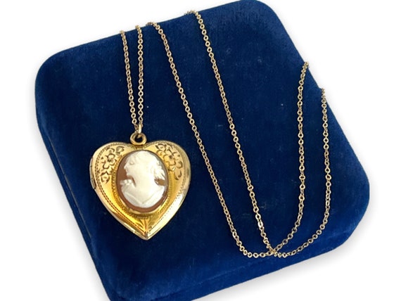 Vintage Gold Filled Carved Cameo Heart Locket - E… - image 2