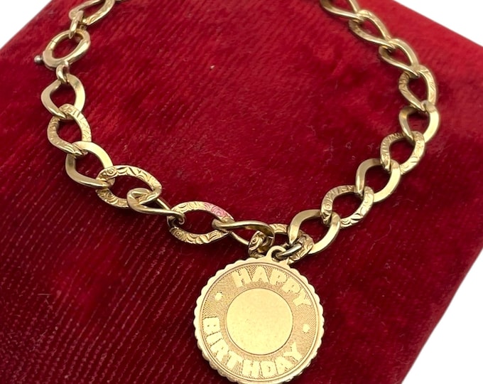 Vintage 12K Gold Filled Charm Bracelet Happy Birthday Round 1-1-65 Dated Hallmark B.A.B. Ballou Link Chain Retro 1960s Jewelry Gift for Her