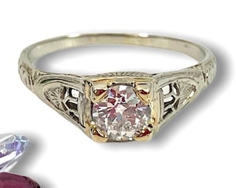 Antique 18K White Gold Diamond Solitaire Ring - Edwardian Estate Jewelry, Size 7.5