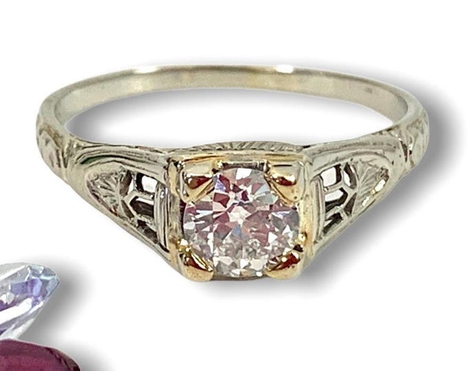 Antique 18K White Gold Diamond Solitaire Ring - Edwardian Estate Jewelry, Size 7.5