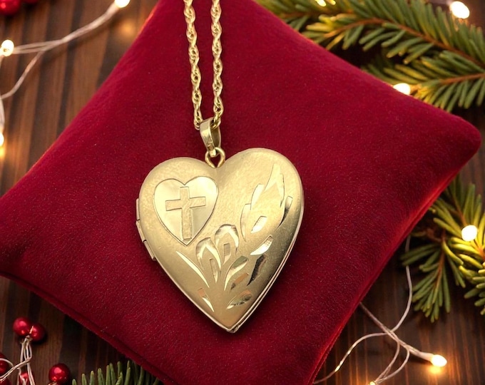 Vintage 14K Gold Filled Heart Locket Necklace: Etched Cross Christian Religious Tru-Kay Pendant