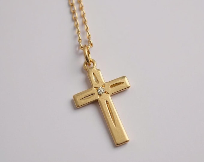 Vintage 14K Gold Filled Cross Necklace: Diamond Chip Starburst, Petite Religious Pendant