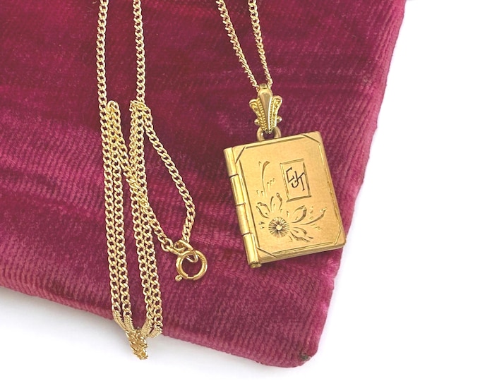 Vintage Gold Filled Book Locket w/ CJT Monogram on 14K GF Chain - Retro Necklace Pendant w/ Etched Flowers - WH Mark 2 Photo Estate Jewelry