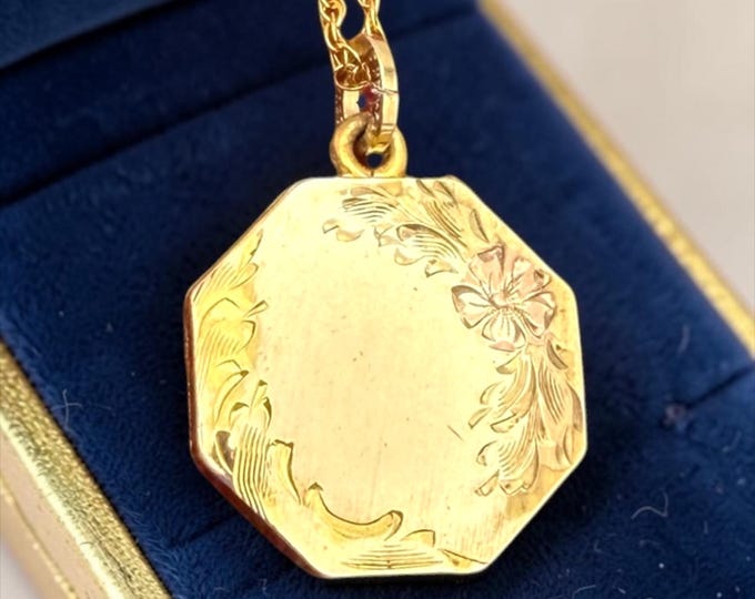 Vintage Etched Octagon Locket Necklace – 12K Gold Filled, Tricolor Floral Design