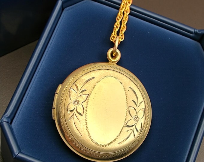 Vintage Gold Locket Necklace: 14K Gold Filled Pendant, Round Etched Flowers Retro Jewelry