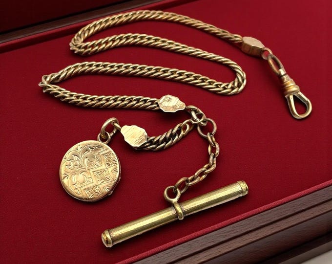 Antique Gold Filled Pocket Watch Chain: Victorian Locket Fob, W&S B Clip