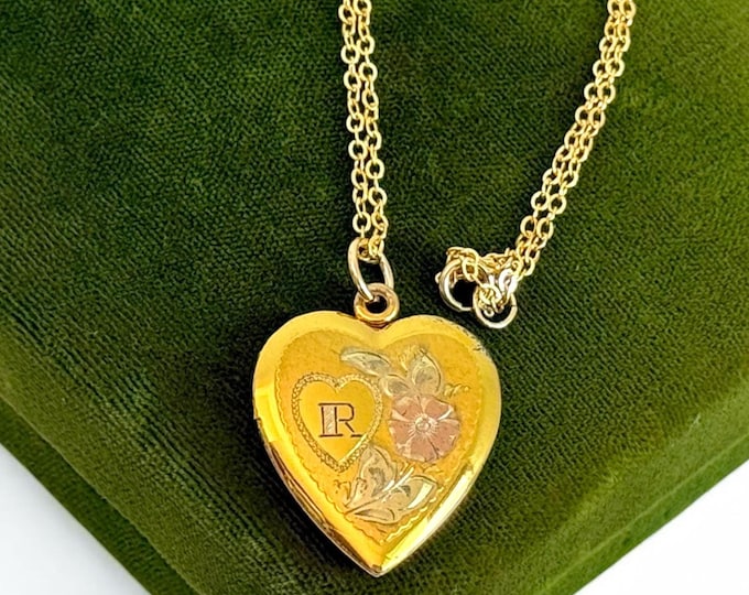 Vintage Gold Filled Sterling Heart Locket: Initial R, Photo Pendant, 14K GF Chain