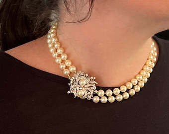 Vintage Pearl Necklace W/ 14K White Gold & Diamond Clasp
