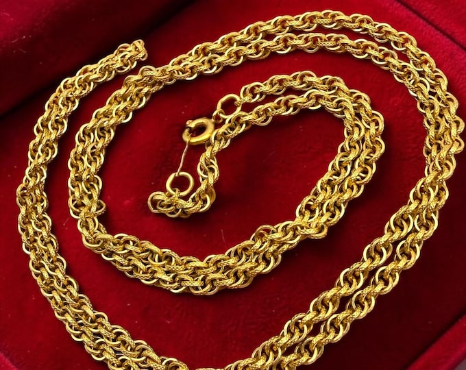 Vintage 12K Gold Filled Rolo Chain Necklace: Triple Link Rolo Chain Textured Links 26 Inch Matinee Length Minimalist Layering Jewelry