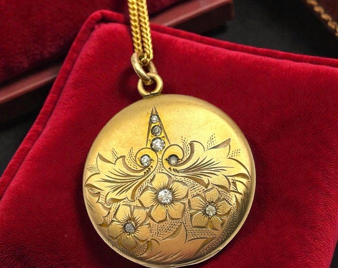 SALE - Art Nouveau Gold Filled Locket Necklace: Floral Paste Stones, AG Monogram, Round Rhinestone Vintage Locket